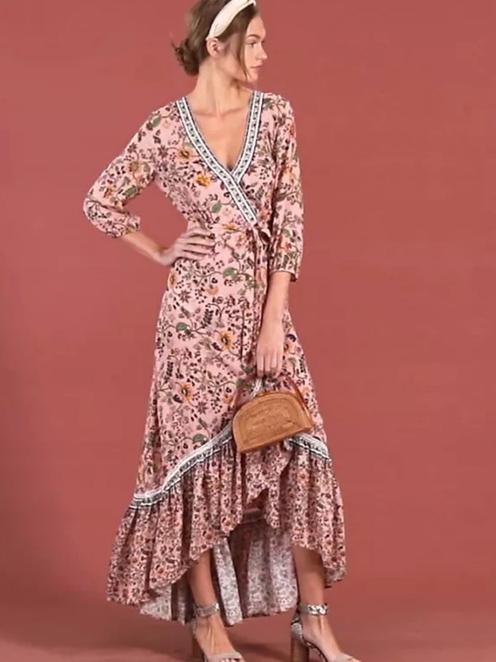 FARM Rio Pink Floral Wrap High-Low Maxi Dress